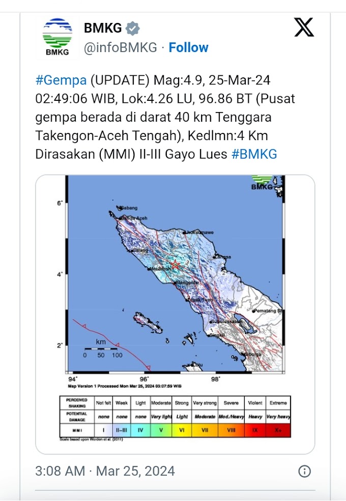 Gempa Dangkal 4,9 Magnitudo Guncang Aceh Tengah Dini Hari, Berpusat di Darat