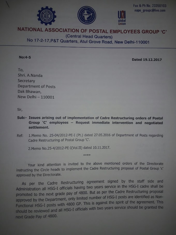 Issues arising out of implementation of Cadre Restructuring orders of Postal Group 'C' employees : Request for immediate intervention and negotiated settlement - NAPE Group'C' GS Letter to Secretary,DoP