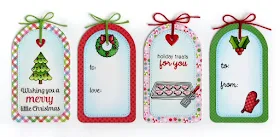 Sunny Studio Stamps: Sunny Semi Circles Gift Tags by Mendi Yoshikawa (with Gleeful Reindeer, Blissful Baking & Christmas Icons stamps)