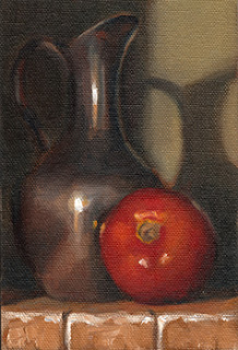 Oil painting of a long-necked pewter jug beside a red tomato.