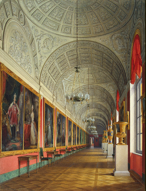 Interiors of the Small Hermitage. The Southern Part of the Romanov Gallery by Edward Petrovich Hau - Architecture, Interiors Drawings from Hermitage Museum