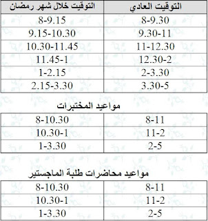 مواعيد محاضرات صيفي 2014-2015 في رمضان في الجامعات الحكومية 