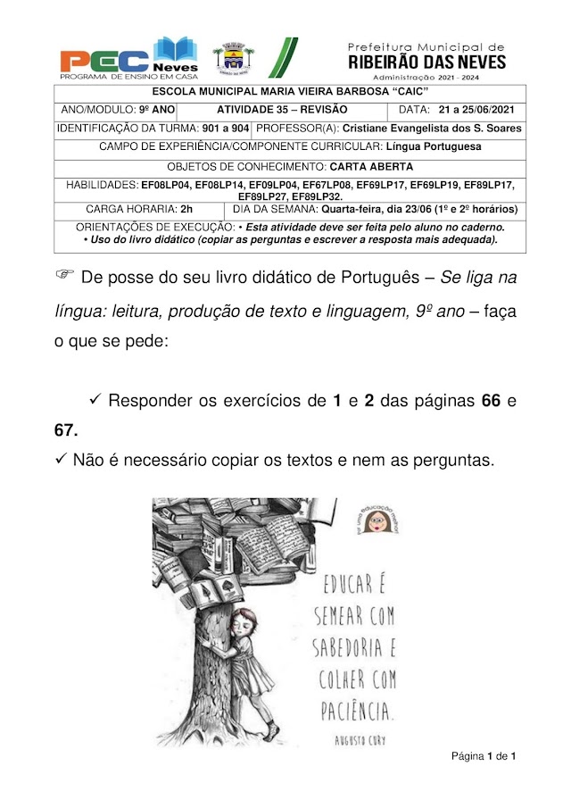 LÍNGUA PORTUGUESA - PROFª. CRISTIANE EVANGELISTA - ATIVIDADE 35 - REVISÃO - 901 a 904 (21 a 25/06/2021)