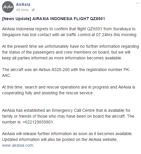 Berita Terkini Pesawat AirAsia QZ 8501 Hilang Dari Radar Di Indonesia