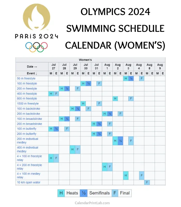 olympics 2024 swimming schedule calendar for women