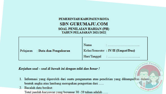 Soal UH / PH Matematika Kelas 4 Semester 2 Revisi