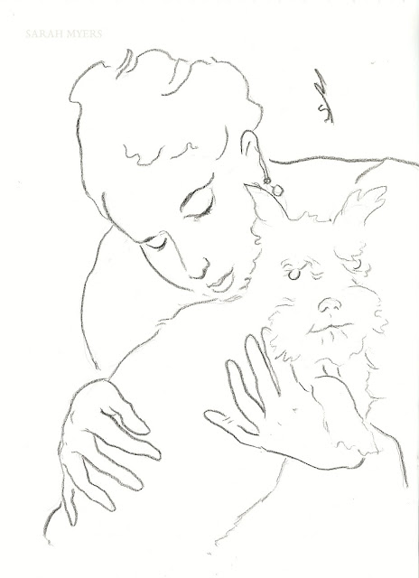 line, line-drawing, art, drawing, sarah, myers, dog, animal, lady, woman, sketch, study, arte, dibujo, kunst, dessin, head, face, schnauzer, hands, eyes, simple, minimal, minimalist, minimalism, artist, portrait, simplicity, modern, contemporary, artwork, kunstwerk, charcoal, paper, black, white, style, pet