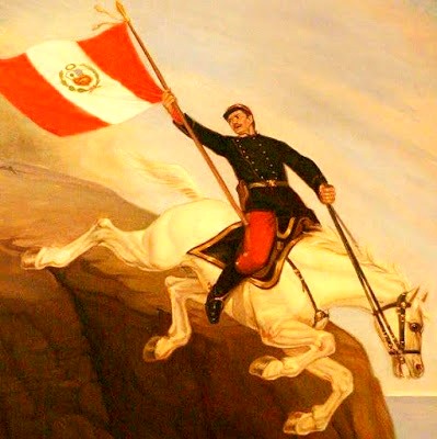 Alfonso Ugarte en caballo lanzándose desde Morro de Arica con la bandera peruana