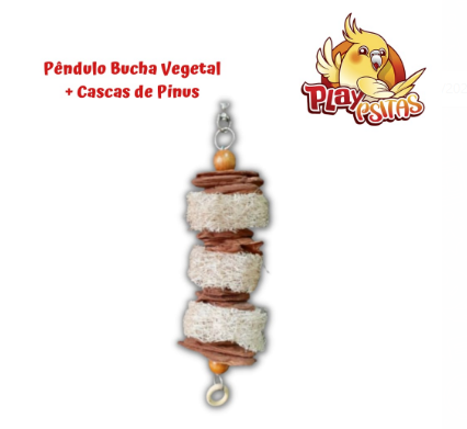 Brinquedo Pêndulo Bucha Vegetal + Cascas de Pinus. Ideal para calopsitas, agapornis, aves de pequeno porte. Produto artesanal