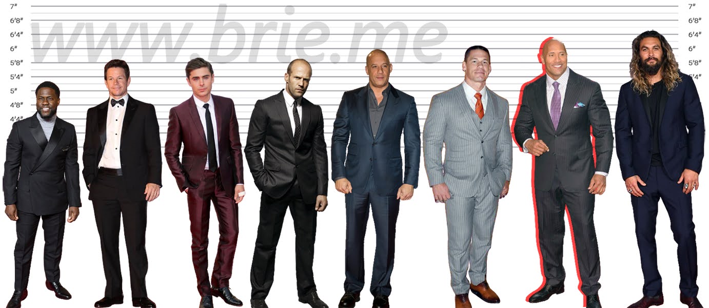 Kevin Hart, Mark Wahlberg, Zac Efron, Jason Statham, Vin Diesel, John Cena, The Rock, and Jason Momoa height comparison