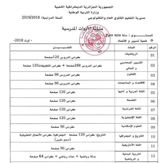 قائمة الادوات المدرسية للمراحل التعليمية الثلاث (ابتدائي، متوسط، ثانوي) المقررة من طرف وزارة التربية