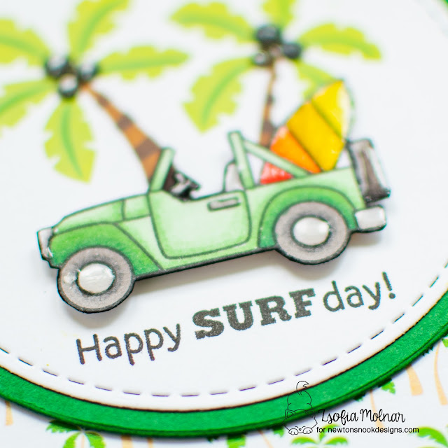 Happy Surf Day Card by Zsofia Molnar | Beach Bound Stamp Set, Palm Tree Line Stencil, Circle Frames Die Set and Summertime Paper Pad by Newton's Nook Designs #newtonsnook