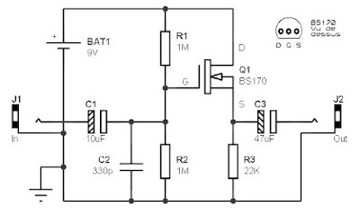 Guitar pre amp circuit is based on a FET-type BS170