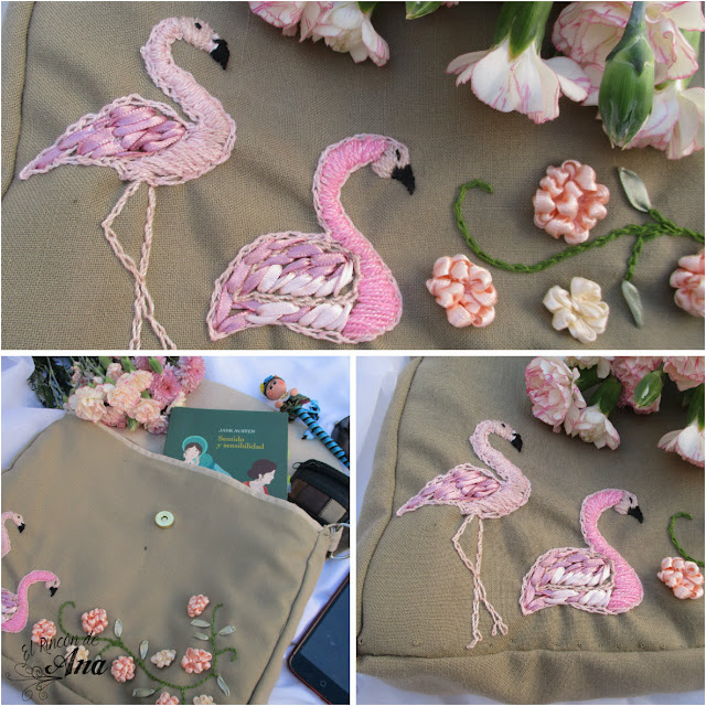 Flamingo bordado y flores con listón