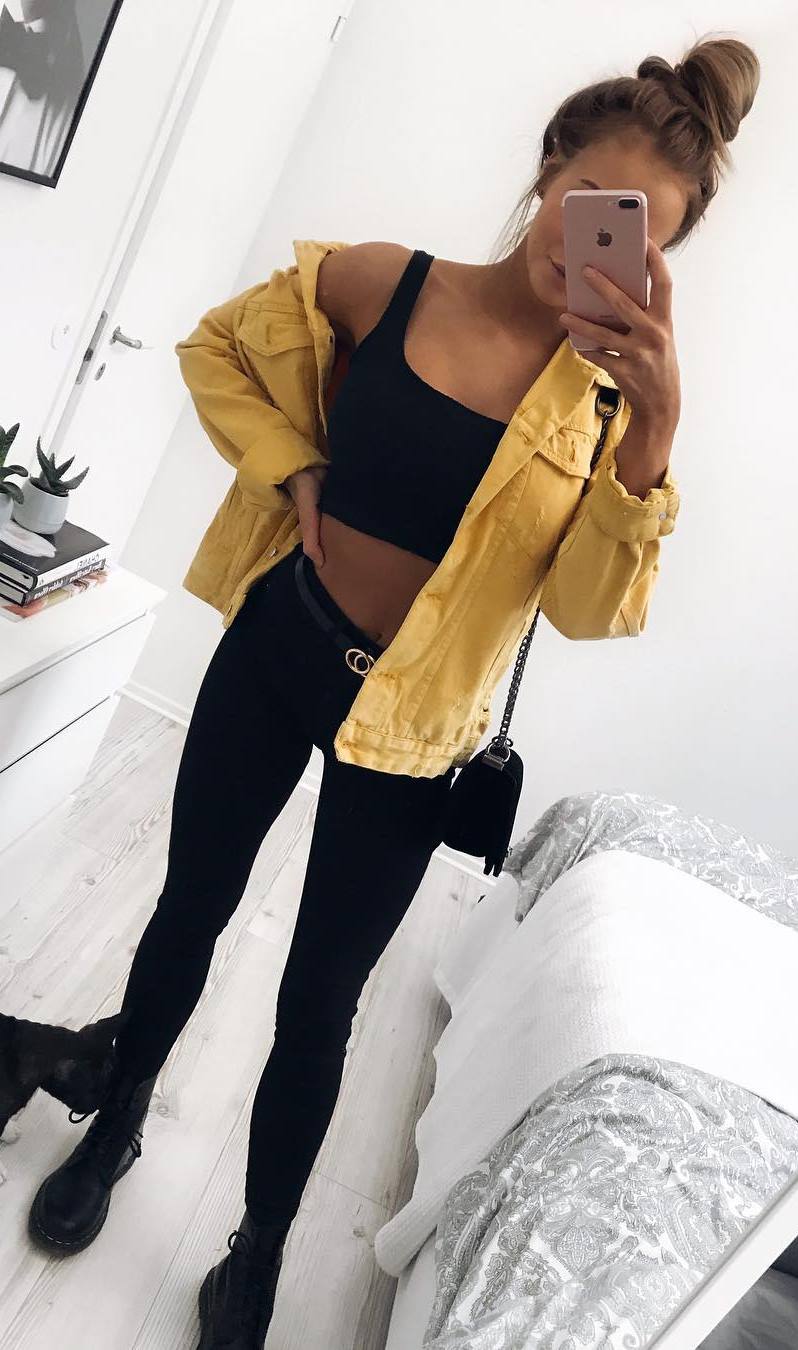 black and yellow | crop top + skinnies + boots + jacket + bag