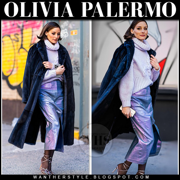 Olivia Palermo in blue fur coat, purple knit sweater, purple skirt and crystal sandals