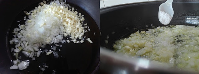 En la imagen vemos dos imágenes unidas a la izquierda la cebolla junto con el ajo en la derecha la cebolla y ajo están ya dorados y añadimos la sal
