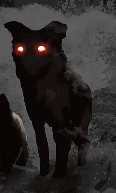 A shadowed dog with glowing eyes stands in a night-time landscape.