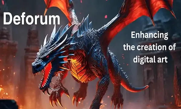 a large, menacing dragon in the center with outstretched wings and an open mouth, as if it’s roaring. The text “Deforum” is displayed at the top, which might be the name of the artwork or the entity associated with it.