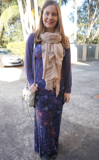 purple cardigan, ankle boots, pashmina and feather print maxi dress in winter | Away From Blue