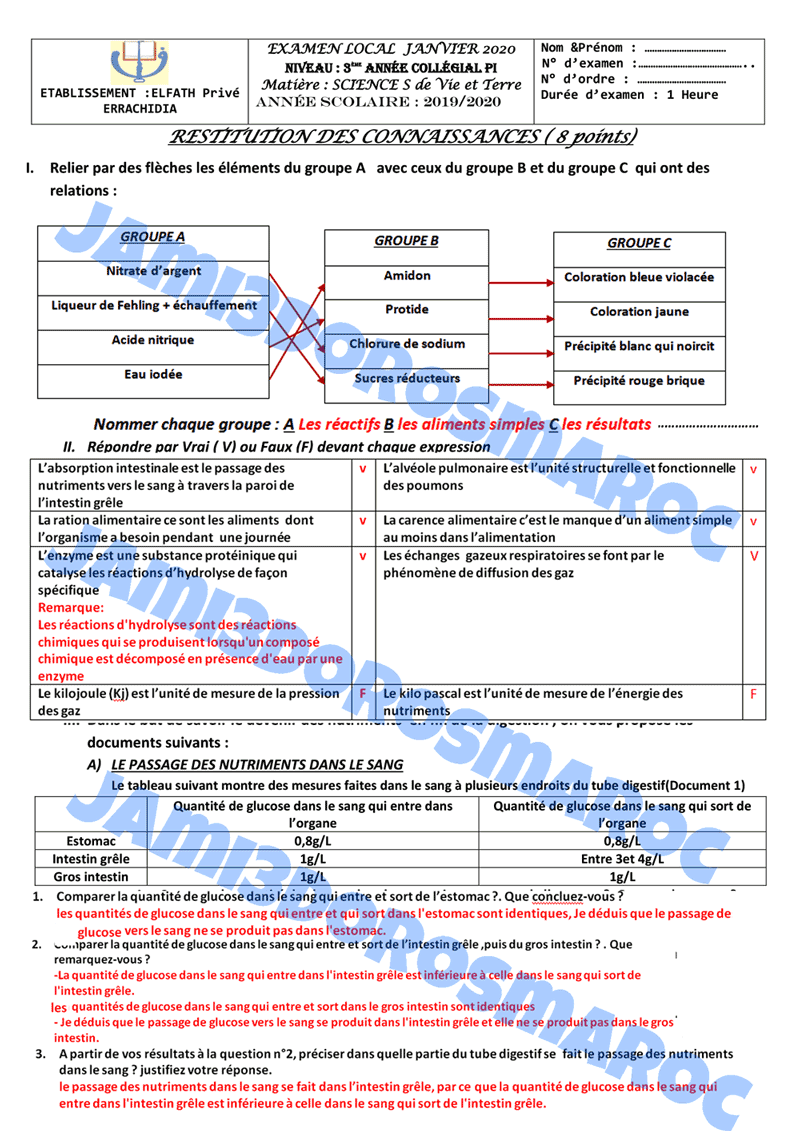 examen local svt 3ac + correction PDF