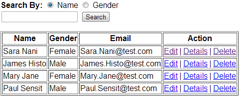 Search page in mvc application