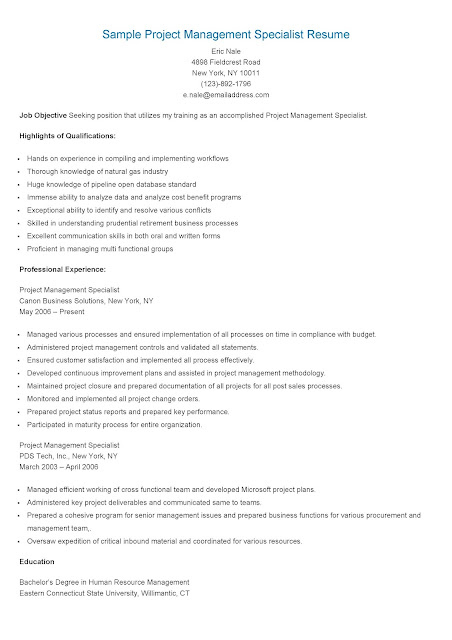 Sample Project Management Specialist Resume