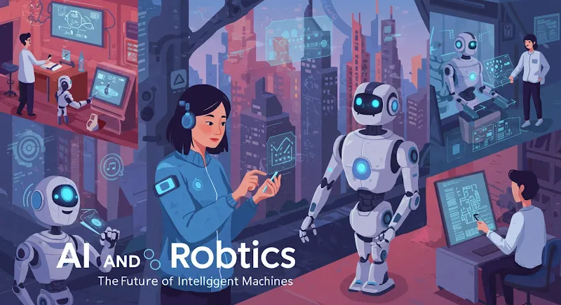A futuristic illustration of a humanoid robot and a glowing AI brain, symbolizing the intersection of artificial intelligence and robotics in modern technology.