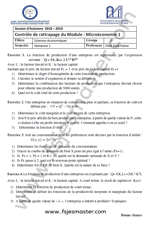 Exemple Examen Microéconomie Licence S1 - Fsjes Souissi