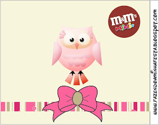 Pink Owl With Flowers and Stripes: Free Printable Candy Bar Labels for Quinceanera Party.