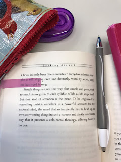 Quote about the possibilities that writing offers from 'Bird by Bird' by Anne Lamott. There is a pen in the crease between the open pages, a pencil case with birds on, and correction tape.