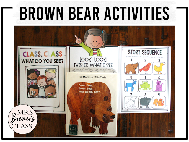 Brown Bear book activities unit with literacy printables, reading companion worksheets, lesson ideas, and a craft for Kindergarten and First Grade