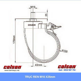 kích thước Bánh xe đẩy giường bệnh Colson Mỹ phi 125 xoay khóa| BN-5654-465BRK4 sử dụng ổ bi www.banhxeday.xyz