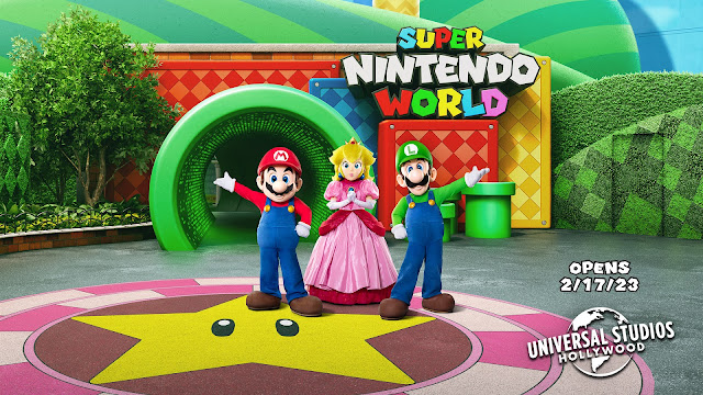 Imagem da entrada do Super Nintendo World, com Mario, Luigi e Peach.