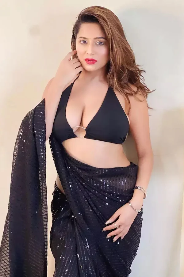 kate sharma cleavage black saree busty tv actress