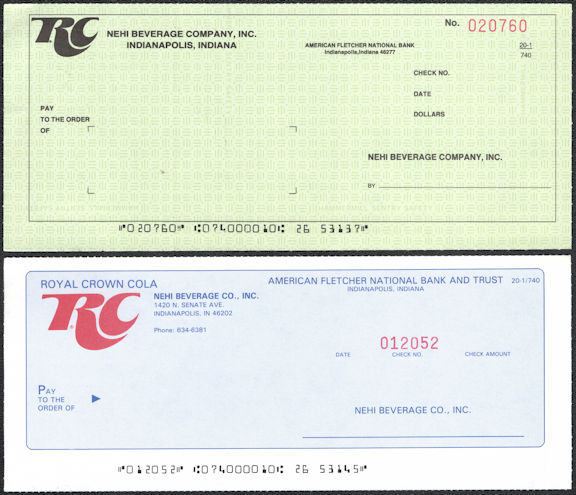 Pair of Unused Royal Crown Nehi Beverage Company Checks