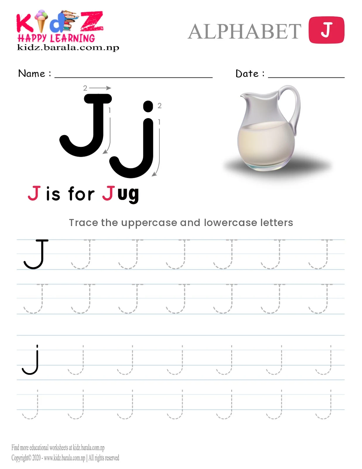 Alphabet J tracing worksheet free download .pdf