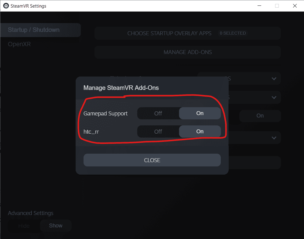 SteamVR - disable Add-ons from settings