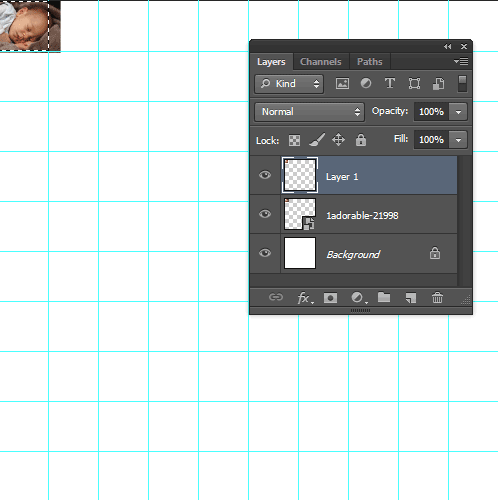 Drag mouse over part of the image in the first guide square, then duplicate the image layer by going to Layer>New>Layer via copy or Ctrl+J.