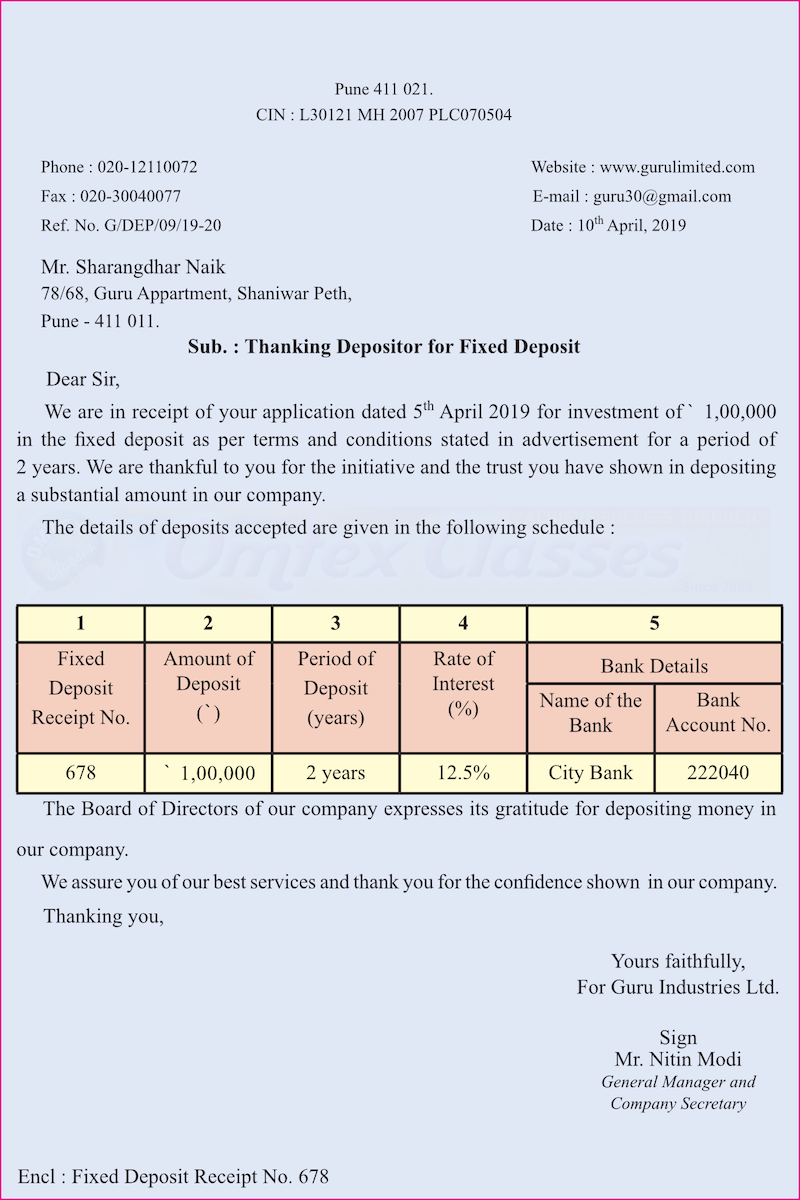 Draft a letter of thanks to the depositor of a company.