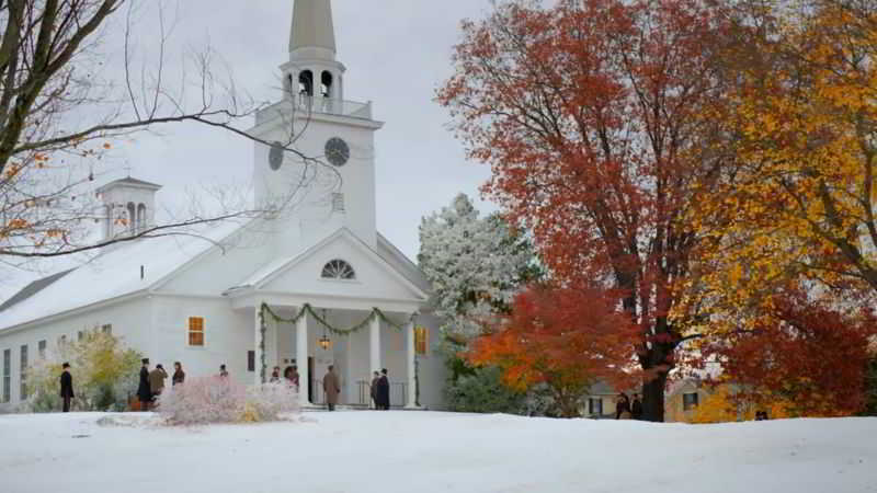 Harvard village church snow