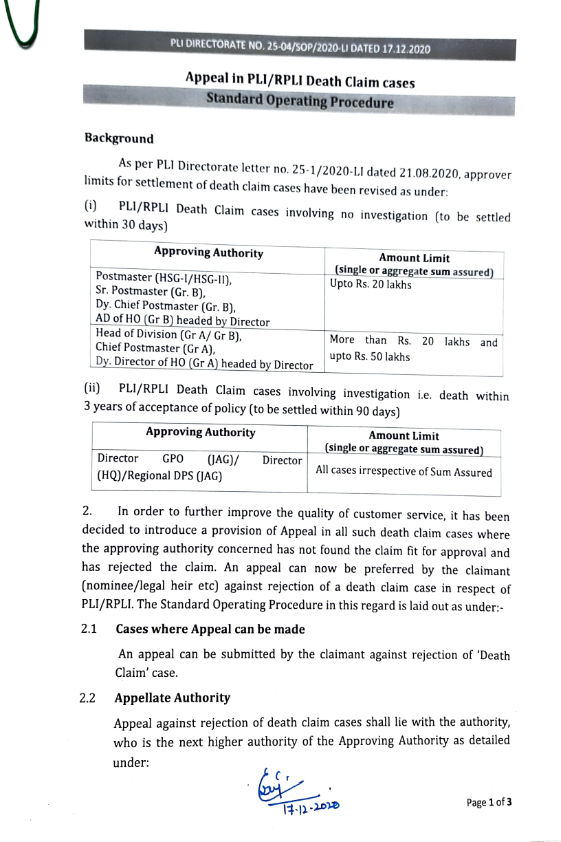 PLI / RPLI Death Claim cases - Standard Operating Procedure