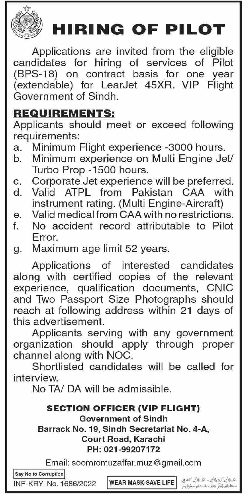 Latest Chief Minister Secretariat Airlines Posts Karachi 2022