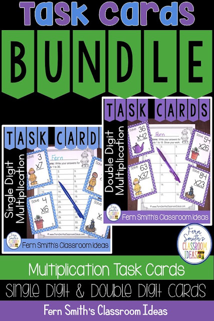You will love this BUNDLE of Spring Single Digit and Double Digit Multiplication Task Cards, Recording Sheets and Answer Keys! It is so easy to prepare these task cards for your centers, small group work, scoot, read the room, homework, seat work, the possibilities are endless. Your students will enjoy the freedom of task cards while learning and reviewing important skills at the same time! Perfect for review while you work with your small groups. Students can answer in your classroom journals or with the included three different recording sheets. Perfect for an assessment grade for the week. Seventy-two {72} colored task cards, seventy-two black and white task cards, six print and go worksheets and six answer keys that can be used as self-checking sheets for any math center. Add some rigor and fun to your math class with these Spring task cards! #FernSmithsClassroomIdeas