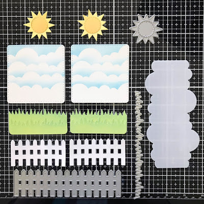 Card Set by June Guest Designer Amy Tollner | Sky Scene Builder Die Set, Clouds Stencil Set, Frames Squared Die Set, Land Borders Die Set and Fence Die Set by Newton's Nook Designs #newtonsnook #handmade