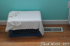 free humidifier, wet towel on heat vent, milk crate, winter, air, blow