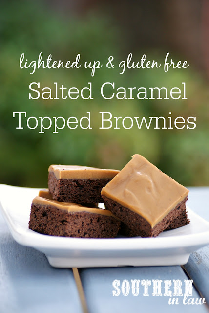 Healthy Salted Caramel Topped Brownie Recipe  lightened up, healthier, gluten free, salted caramel frosting, low fat, lower sugar, low calorie, healthier birthday cake recipes