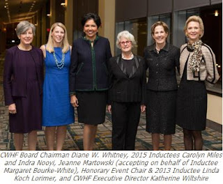 CWHF Board Chairman Diane W. Whitney, 2015 Inductees Carolyn Miles and Indra Nooyi, Jeanne Martowski (accepting on behalf of Inductee Margaret Bourke-White), Honorary Event Chair & 2013 Inductee Linda Koch Lorimer, and CWHF Executive Director Katherine Wiltshire 