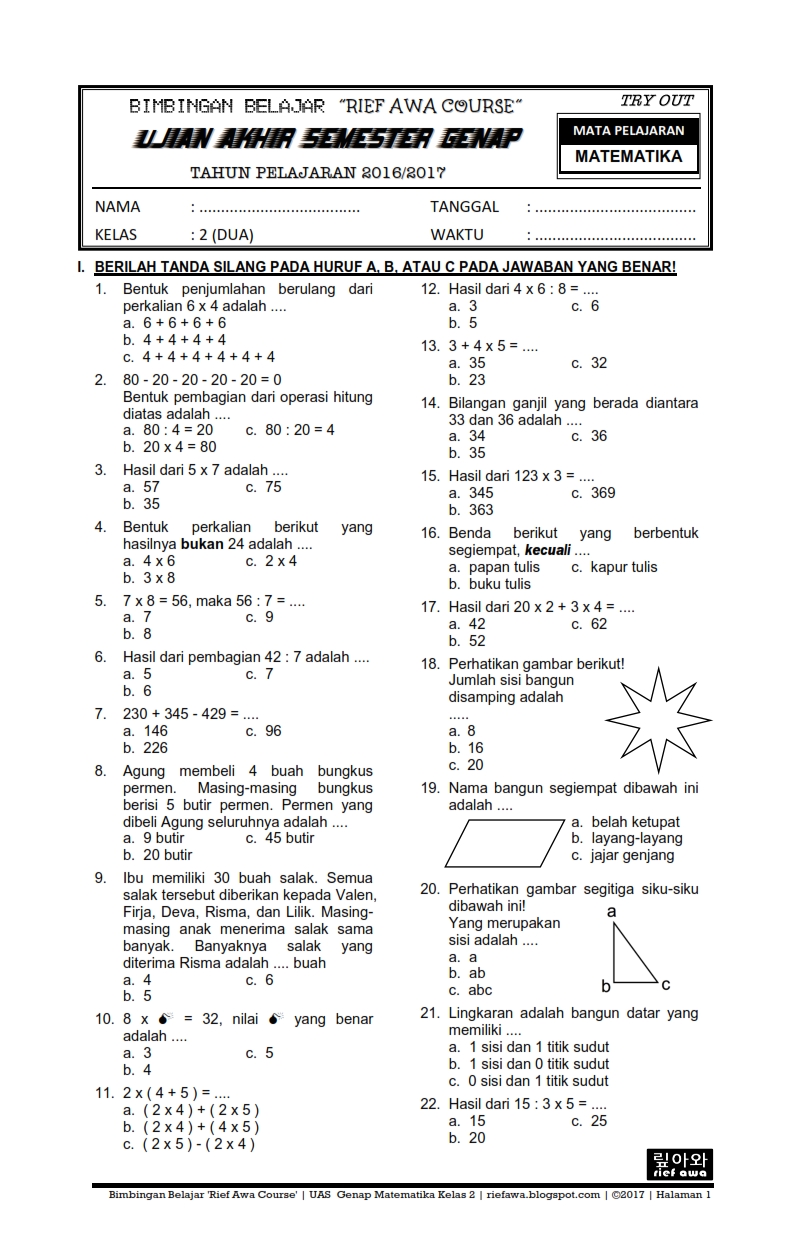 Download Soal Ukk Uas Genap Matematika Kelas 2 Sd Mi Semester