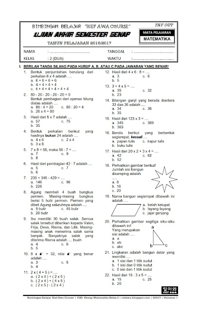 Download Soal Ukk Uas Genap Matematika Kelas 2 Sd Mi Semester 2